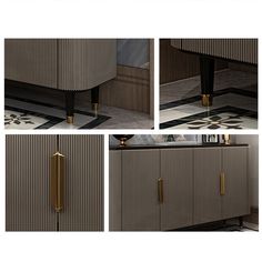 four different views of a cabinet with brass handles