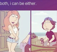 two cartoon images one with a woman and the other has a man holding a can