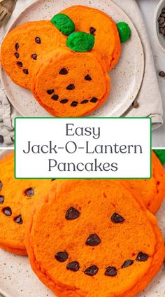 easy jack - o'lantern pancakes with chocolate chips on top and green leaves in the middle