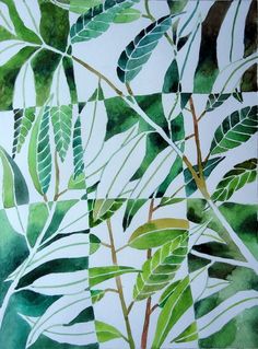 watercolor painting of green leaves on white paper with checkerboard pattern in the background