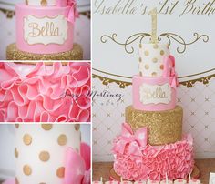 a pink and gold birthday cake with ruffles on the bottom is featured in an instagram