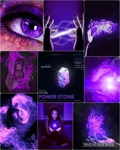 a collage of photos with the words power stone in purple and blue lights over them