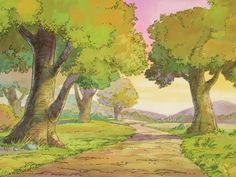 a cartoon scene with trees and grass