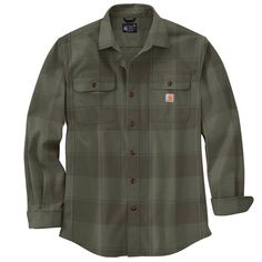 A workwear classic, this men's Carhartt flannel shirt is highly comfortable and durable. It's made in heavyweight cotton with triple-stitched main seams to get the job done. A loose fit gives you plenty of room to move. Features8-ounce, 100% cotton brushed flannelLoose fitTriple-stitched main seamsGarment-washed for a soft finish and reduced shrinkageSpread collarShoulder pleatsTwo-button adjustable cuffs with extended placketsTwo flap chest pockets with button closuresCenter back length (medium Mens Carhartt Vest, Carhartt Flannel, Carhartt Shirts, Green Flannel, Plaid Shirts, Men Carhartt, Mens Workwear, Mens Flannel Shirt, Mens Flannel