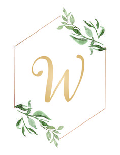 the letter u is surrounded by green leaves and gold foil on a white hexagonal frame