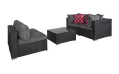 an outdoor furniture set with grey cushions and red pillows