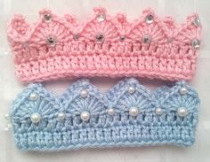 three crocheted crowns with pearls on them