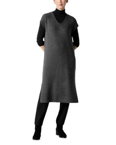 Eileen Fisher Ribbed Wool Jersey Dress Gray Midi-length Sweater Dress For Fall, Eileen Fisher Crinkled Silk Dress, Eileen Fisher Steel Color Dress, Non-stretch Long Sweater Dress, A-line Stretch Sweater Dress, Black B, Eileen Fisher, Mid Calf, Jersey Dress