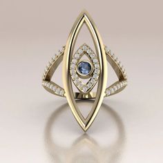 14K Gold ring with 3mm Blue Sapphire stone bezel set surrounded with White Diamonds creating the first evil eye. A delicate gold frame creates the second evil eye. Blue Sapphire Stone, Imperial Topaz, Evil Eye Ring, Jewelry Fashion Trends, Ring Ideas, Bad Luck, Minimal Jewelry, Eye Ring, Sapphire Stone