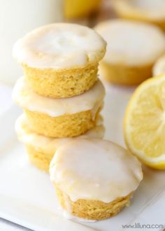 three lemon cupcakes stacked on top of each other