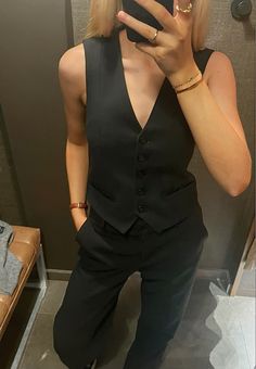 Two Piece Vest Outfits, Black Velvet Waistcoat Outfit Women, Dress Pants And Vest Women, Pants And Waistcoat Women, Black Vest Set Outfit, Black Waistcoat Outfit Women Casual, Vest Jumpsuit Outfit, Black Buttoned Vest Outfit, Style Black Waistcoat