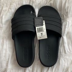 Never Worn Black Adidas Slides Black Adidas Slides, Adidas Shoes Black, Adidas Slides Outfit, Adidas Aesthetic, Adidas Flip Flops, Black Adidas Shoes, Adidas Sandals, Slides Outfit, Adidas Slides