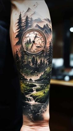 a man's arm with a clock on it and trees in the forest around him