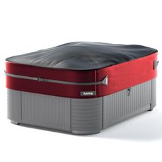 an outdoor hot tub with red and grey trimmings on the sides, sitting in front of a white background