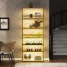 a wine rack in the corner of a room next to a stair case filled with bottles and glasses