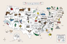 an illustrated map of the united states with animals and other things on it's borders