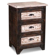 an old wooden chest with three drawers and marble top on the bottom, against a white background