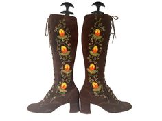 This is a gorgeous pair of vintage Woman's Brown suede Leather lace up  floral embroidered 1960's Go Go boots that are in very good vintage condition. These beauties beauties are a piece of fashion history and have been well cared for with the perfect softness to the leather, broken in in all the right places with just the right amount of flex and movement. Quite lean with minuscule wear (some scuffs on one heel). A very rare find indeed. These babies have been safely stored away for many years. Vintage Fitted Boots For Festivals, Vintage Fitted Festival Boots, Go Go Boots, Vintage Brown Knee High Boots, Brown 70s Boots, Vintage Floral Boots, Spring Embroidered Knee-high Boots, Nana Clothes, Vintage Brown Knee-high Boots