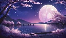 the full moon is setting over a lake with cherry blossom trees and mountains in the background