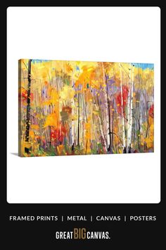 an abstract painting with yellow and red trees