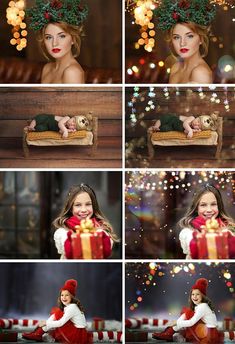 a collage of photos with a woman holding a teddy bear in her arms and wearing a wreath on her head