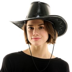 Embrace the rugged cowboy look with this Black Leather Cowboy Hat. Made with sturdy leather-look materials this hat adds a tough yet stylish edge to any costume. Whether youa??re dressing up for Halloween or just love Western flair this hat will keep you looking sharp. bpAdult Black Faux Leather Cowboy Hat product details:-b-p ul liStitch details-li liAttached chin strap-li liPolycotton blend PU and plastic-li liDoes not include outfit-li liOne size fits most-li -ul Leather Cowboy Hats, Western Look, Rugged Style, Black Faux Leather, Cowboy Hats, Cowboy, Black Leather, Faux Leather, Dress Up