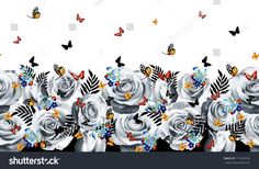 white roses and butterflies on a black and white background with space for text or image