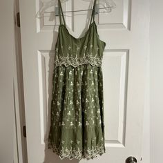 Boho Skater Girl Dress, Olive Green With White Floral Detailing. Adjustable Straps.Never Worn Whimsical Dress Casual, Green Floral Print Boho Hippie Dress, Green Floral Print Hippie Dress, Spring Green Boho Dress With V-neck, Spring Bohemian Green V-neck Dress, Green Bohemian V-neck Sleeveless Dress, Red Lace Cocktail Dress, Boho Summer Dress, Dress Olive Green