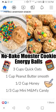 the recipe for no bake monster cookie energy balls is displayed on an iphone screen