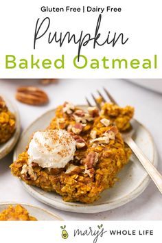 pumpkin baked oatmeal with whipped cream on top and pecans in the background