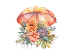 watercolor painting of an umbrella and flowers