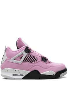 These Jordan Air 4 Retro sneakers feature a lace-up fastening, signature Jumpman motif, paint splatter detail, mesh panelling, signature Jumpman logo patch at the tongue, round toe, signature Air cushioning, and a rubber sole. These sneakers are crafted from calf suede and have a low top design. Pink Retro 4 Jordans, Quince Sneakers Pink, Shoes To Ask For Your Birthday, Jordan 4 What The, Pink Thunder Jordan 4, Birthday Shoes Sneakers, Pink Oreos Jordan 4, Retro 4’s, Orchid Jordan 4