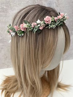 A beautiful rustic flower crown, created using baby pink paper roses which are 1-2 cm wide and faux foliage, finished with satin ribbon in either white or pink. Ideal for your flower girls, bridesmaids or even the bride herself!  Perfect for weddings or occasions, or even festivals!  The size of the crown is 50 cm in length, if you require a smaller or larger crown, please pop me a message, please note that the flower crown is fully adjustable using the ribbon, and will fit toddlers to adults. Flower Wedding Crown, Small Paper Flowers, Floral Headband Wedding, Flower Headband Wedding, Pink Flower Crown, Rose Flower Crown, Wedding Hair Wreath, Bride Crown, Flower Girl Crown