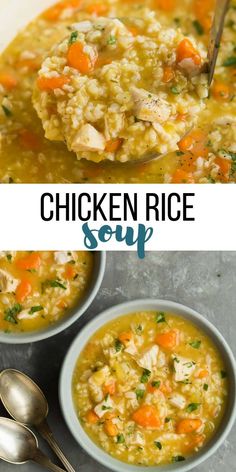 chicken rice soup in two bowls with spoons