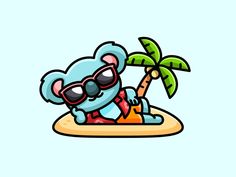 a cartoon koala wearing sunglasses and sitting on an island with a palm tree in the background