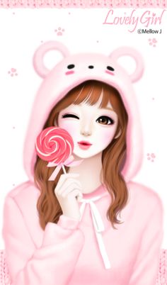 a girl in a pink hoodie holding a lollipop with a bear on it