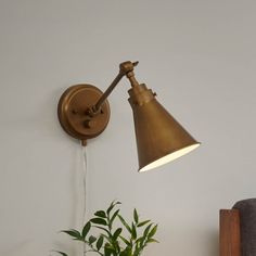 a wall light that is on the side of a wall next to a potted plant