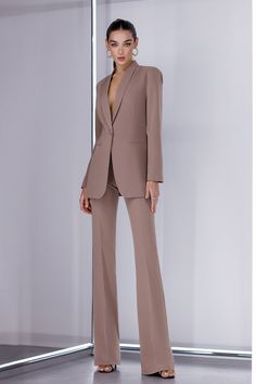 Fabric: High quality suiting fabric crepe diagonal 65% Cotton, 35% Polyester Included: jacket and pants Shawl-lapel Single-breasted High-rise flared pants Fitting: Regular-Fit Lining option: Fully-Lined Jacket vent: No vent Pants length (inseam): 95cm/ 37.5in Luxury Fall Career Pantsuit, Luxury Fitted Straight Leg Pantsuit, Luxury Chic Straight Leg Pantsuit, Affordable Elegant Fitted Pantsuit, Luxury Long Sleeve Classic Pantsuit, Luxury Women's Business Pantsuit, Luxury Sleek Pantsuit, Elegant Luxury Stretch Pantsuit, Luxury Sleek Formal Pantsuit