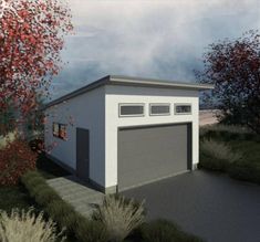 an artist's rendering of a garage in the middle of some bushes and trees