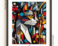 a cat is shown in an abstract painting with black frame and white border around it