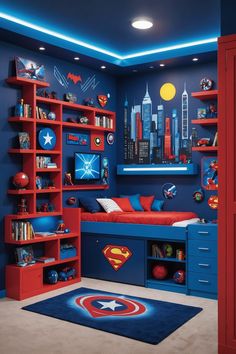 a bedroom with blue walls, red shelves and a superman themed bed in the corner