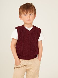 Burgundy Casual  Sleeveless Acrylic Plain Pullovers Embellished Slight Stretch Spring/Fall Toddler Boys Clothing Boys Vest Outfit, Knitted Vest Outfit, Toddler Boy Sweater, Shein Basics, Toddler Vest, Burgundy Outfit, Vest Outfit