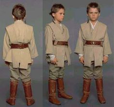 three pictures of a young boy dressed in star wars costumes, standing and facing different directions