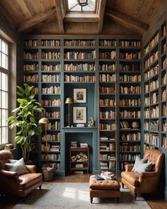 a living room filled with lots of books and leather chairs next to a fire place