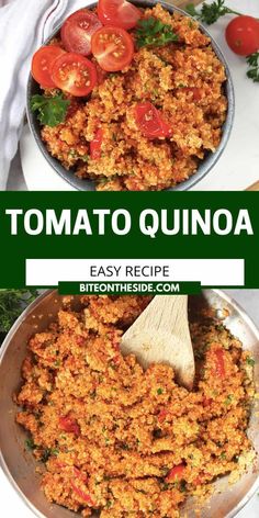 tomato quinoa recipe in a pan with a wooden spoon and tomatoes on the side