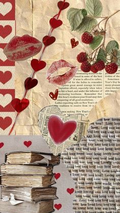 altered collage with red hearts, book pages and berries on top of each other