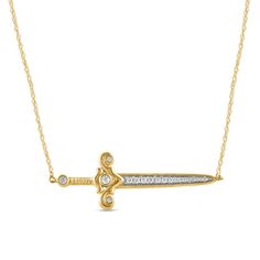 Witty and charming, this diamond sword necklace makes the cut in style. Crafted in warm 10K gold, this sculpted sword showcases diamonds shimmering along the blade. Bezel-set diamonds dot the hilt for added sparkle. Radiant with 1/6 ct. t.w. of diamonds and a bright polished shine, this design suspends centered along an 18.0-inch rope chain that secures with a spring-ring clasp. Love Shape, Bezel Set Diamond, Geek Out, Rope Chain, 10k Gold, Gifts For Husband, Spring Rings, Favorite Jewelry, Diamond Necklace