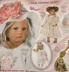 the doll is wearing a white dress and bonnet