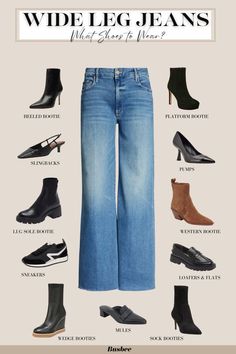 An Easy & Complete Guide to What Shoes To Wear with Jeans Women's Wide Leg Jeans Outfit, How To Pair Shoes With Jeans, Shoes With Wide Leg Jean, Jeans For Boots Women, Best Shoes For Baggy Jeans, Vintage Wide Leg Jeans Outfit, Shoes For Wide Jeans, Outfits With Wide Legged Jeans, Fall Outfits Women Wide Leg Jeans