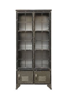 an old metal cabinet with glass doors on the front and bottom, against a white background